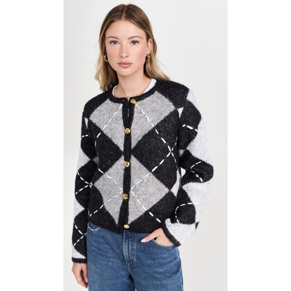 English Factory Argyle Cardigan Women S Heavyweight Cross Stitch Knit Black Gray - Picture 9 of 13